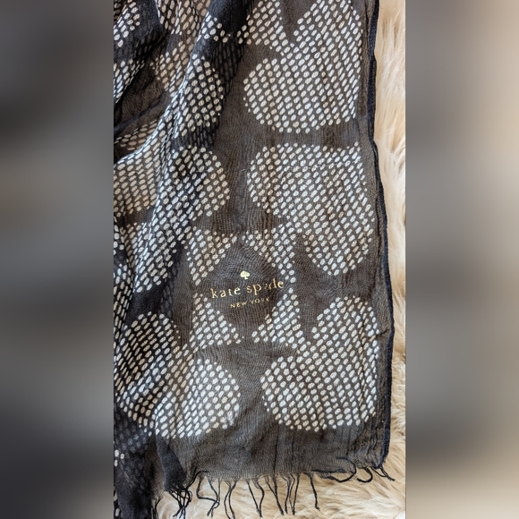 Kate Spade New York Lightweight Black Scarf White Spade Motif, Frayed Edges - Picture 5 of 10